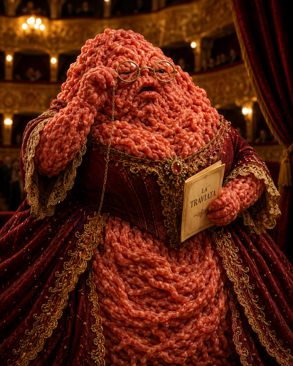 A cultured meat figure at the opera, holding La Traviata